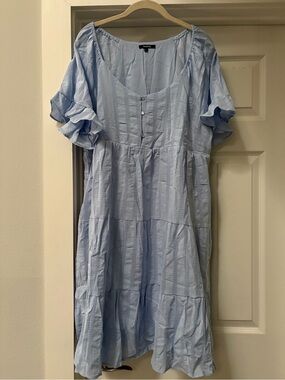 Sky Blue Tiered Midi Dress with Ruffle Sleeves